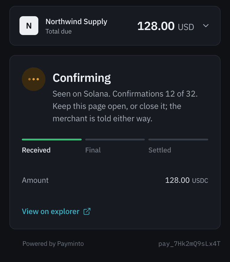 Hosted checkout confirming a USDC payment on Solana, with the Received, Final, Settled rail (sample data)