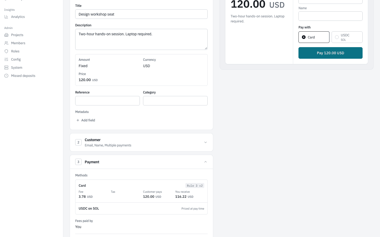 Payment link detail: item, payment methods with the fee rule version, and a live checkout preview